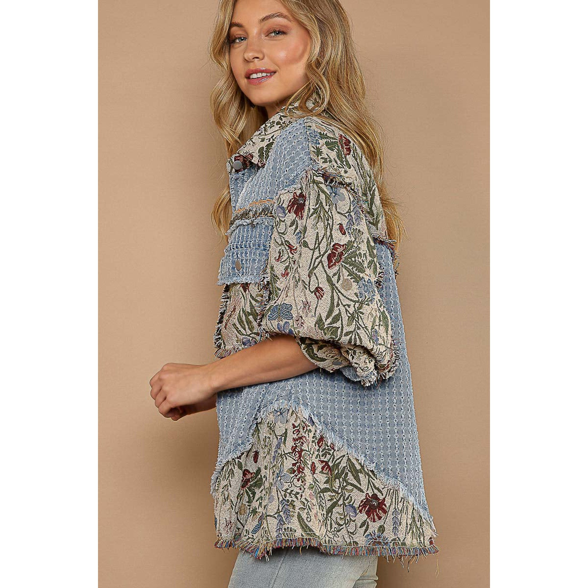 Denim Multi Oversized Jacquard Tapestry Button Down Floral Print Shacket