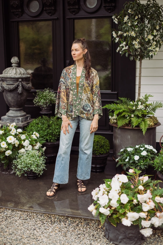 Love Grows Wild Floral Bamboo Cropped Kimono with Bees One Size