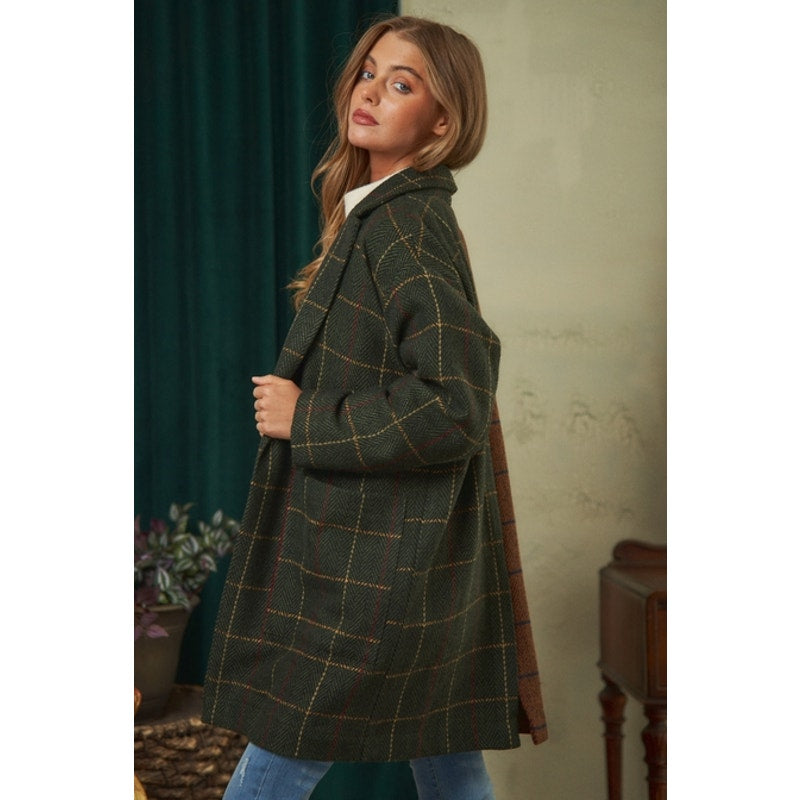 Manteau long à carreaux bicolores marron et olive