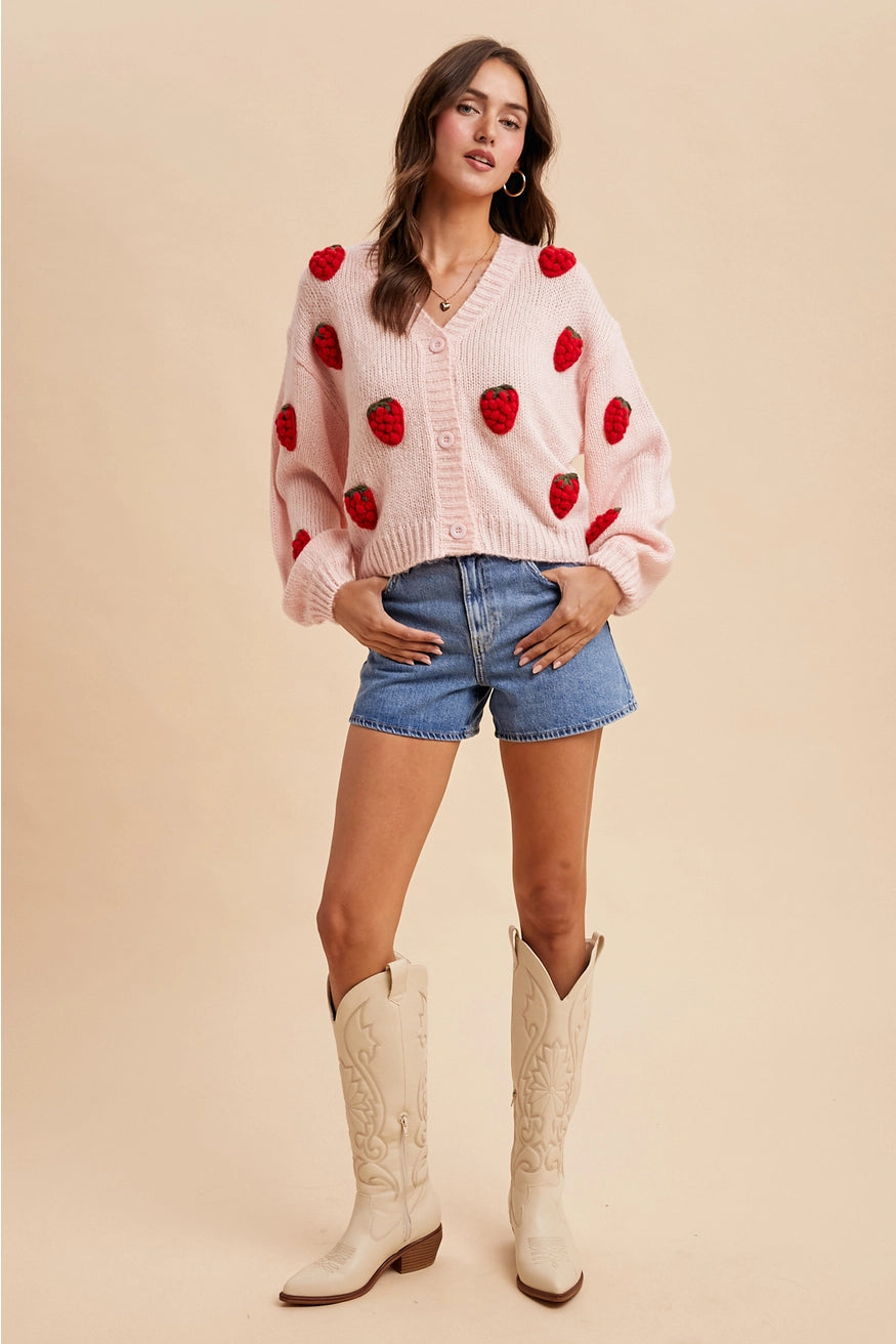 Knitted 3D Strawberry Cardigan