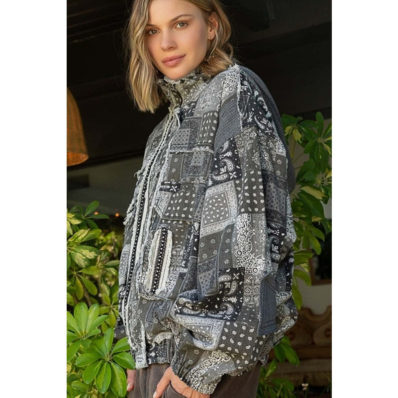 Black Multi Hooded High Neck Paisley Patchwork Bomber Jacket