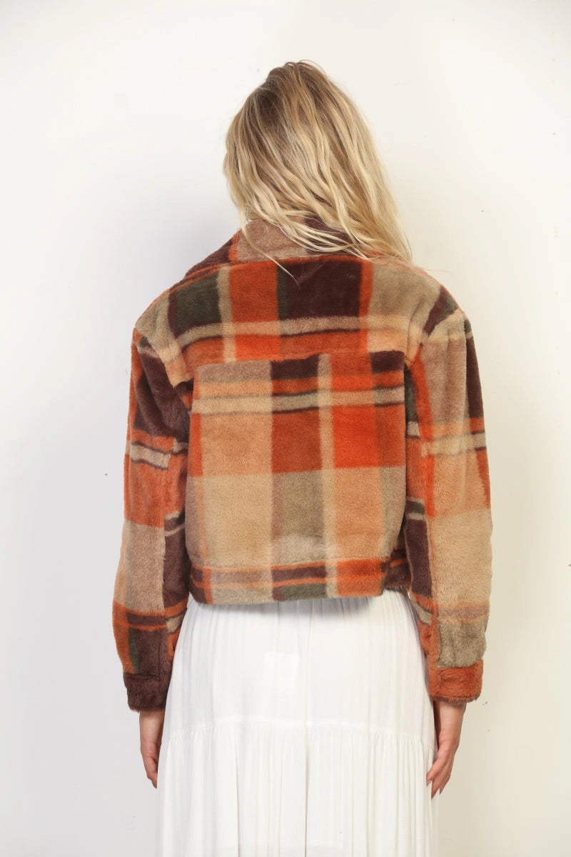 Rust Plaid Faux Fur Jacket
