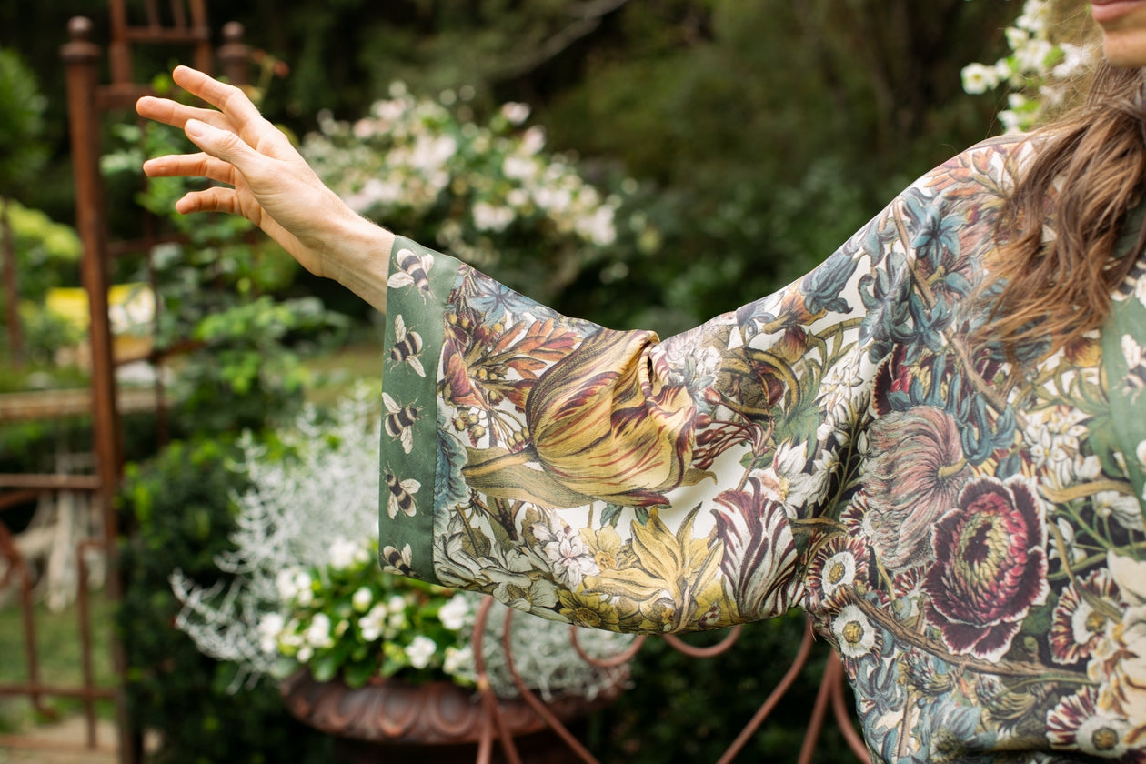 Love Grows Wild Floral Bamboo Cropped Kimono with Bees One Size
