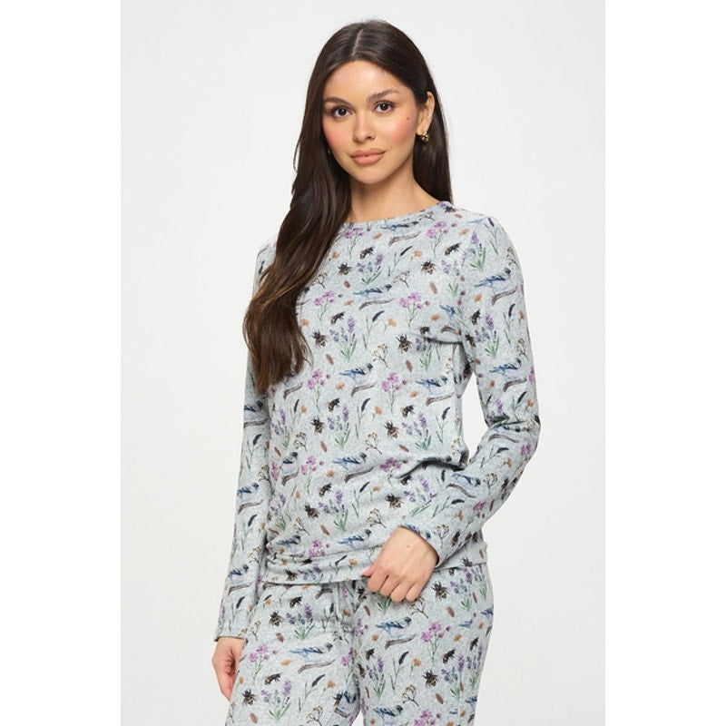 Top tipo jersey de manga larga con cuello redondo y estampado floral de pájaros y abejas