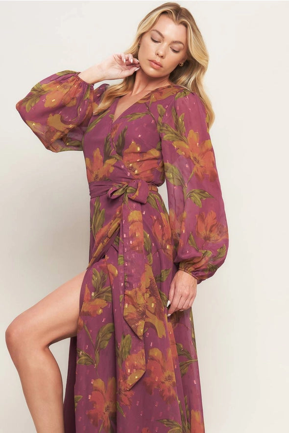 Dark Mauve Textured Floral Wrap Maxi Dress