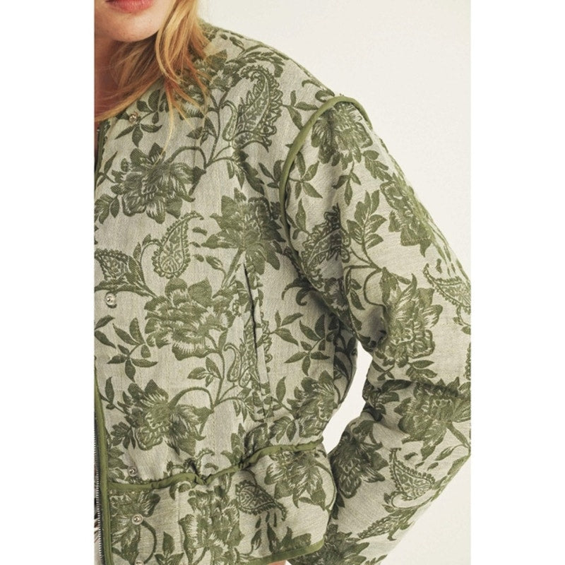 Olive Floral Print Padded Jacket