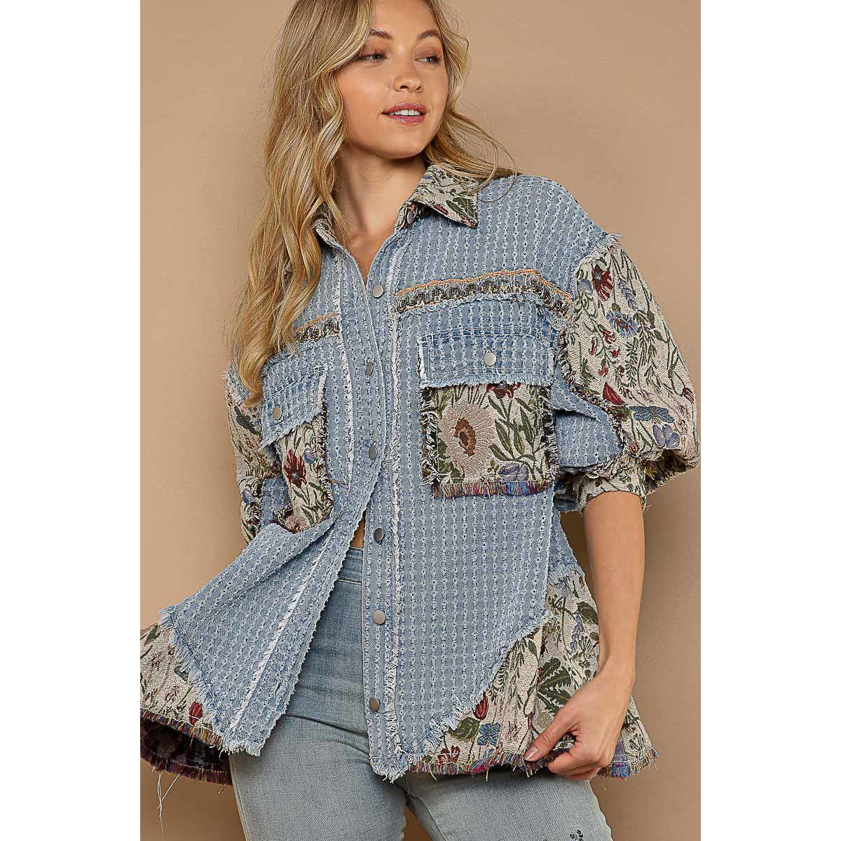 Denim Multi Oversized Jacquard Tapestry Button Down Floral Print Shacket