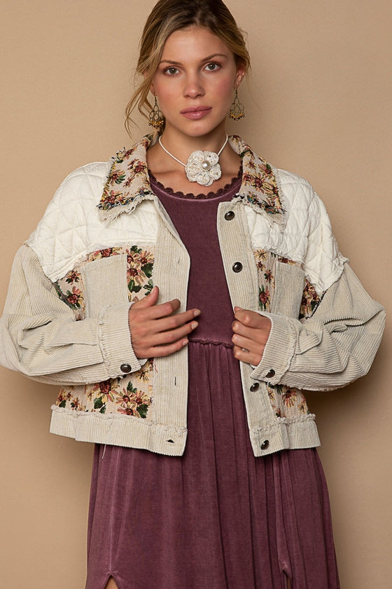 Chaqueta de pana con botones y jacquard con paneles acolchados en contraste
