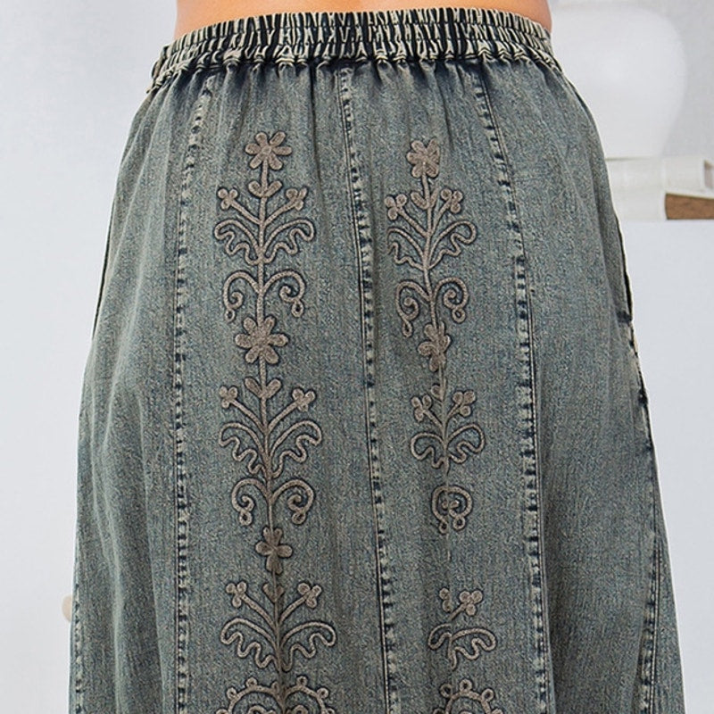 Gravel A-Line High Waist Hand Embroidered Denim Western Maxi Skirt