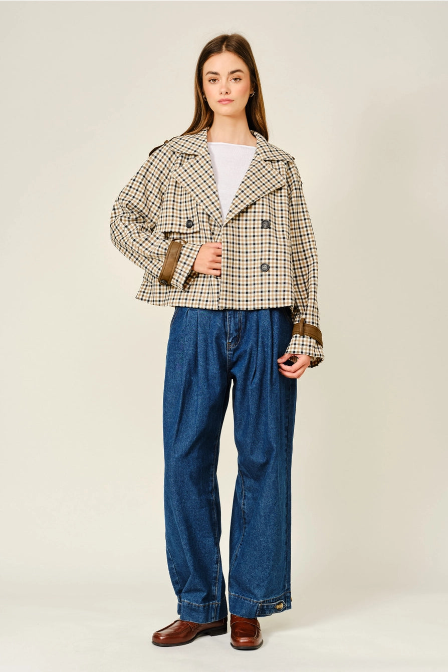Oxford Plaid Short Trench Jacket