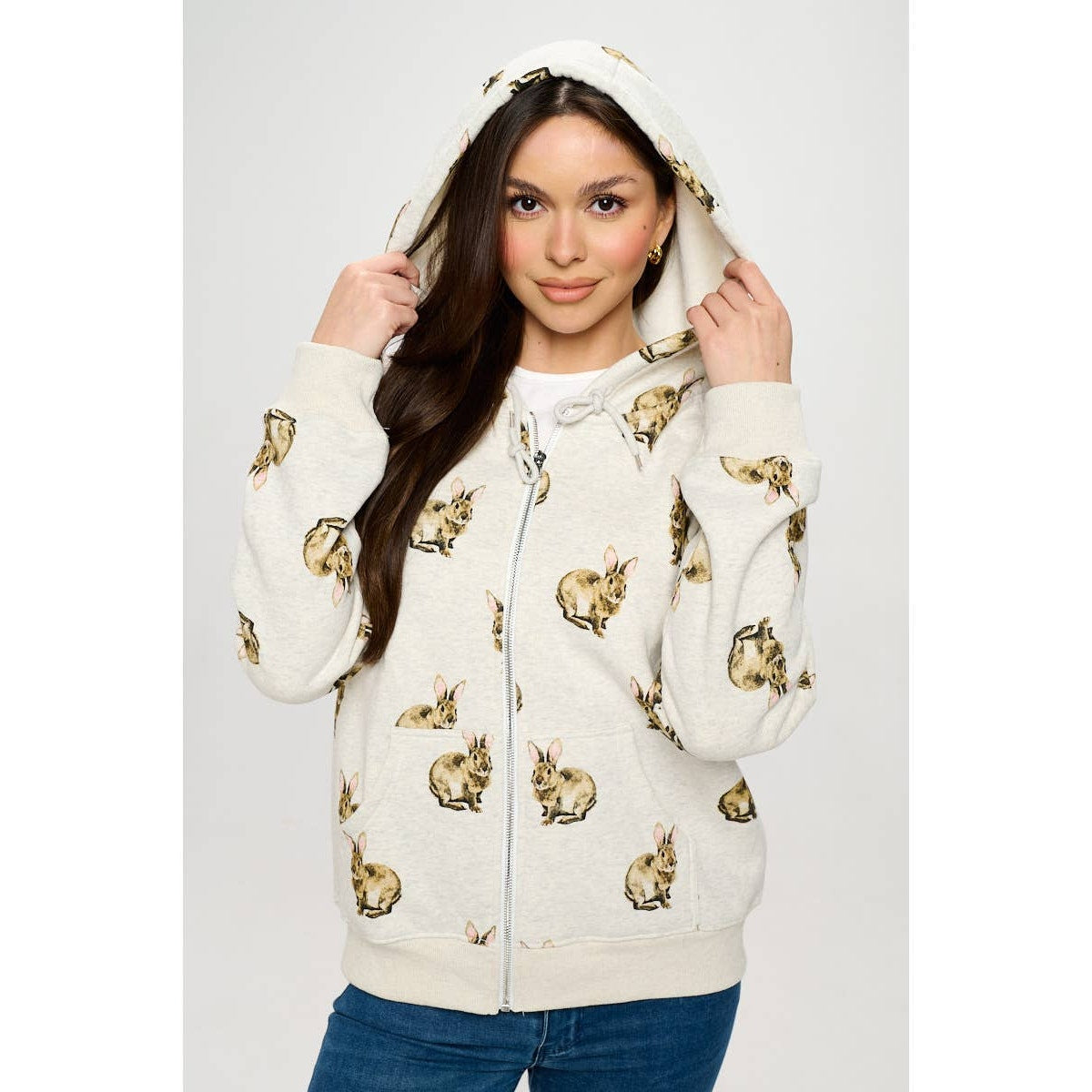 Bunny Print Zip Up Hoodie