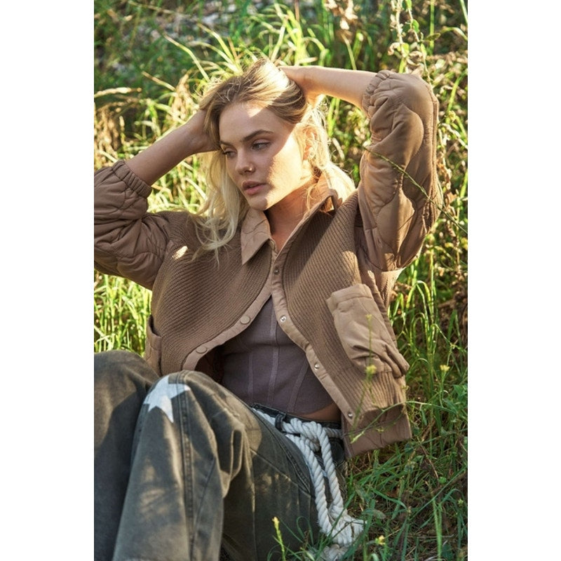 Mocha Ribbed Sweater Quilted Jacket