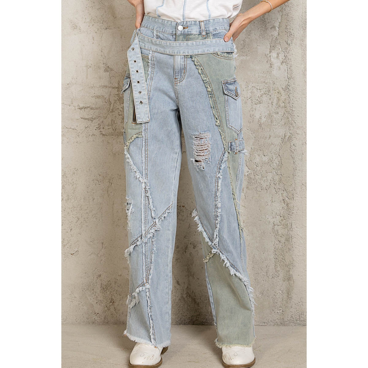 Striped Belted Frayed Seam Distressed Straight Denim High Waisted Jeans
