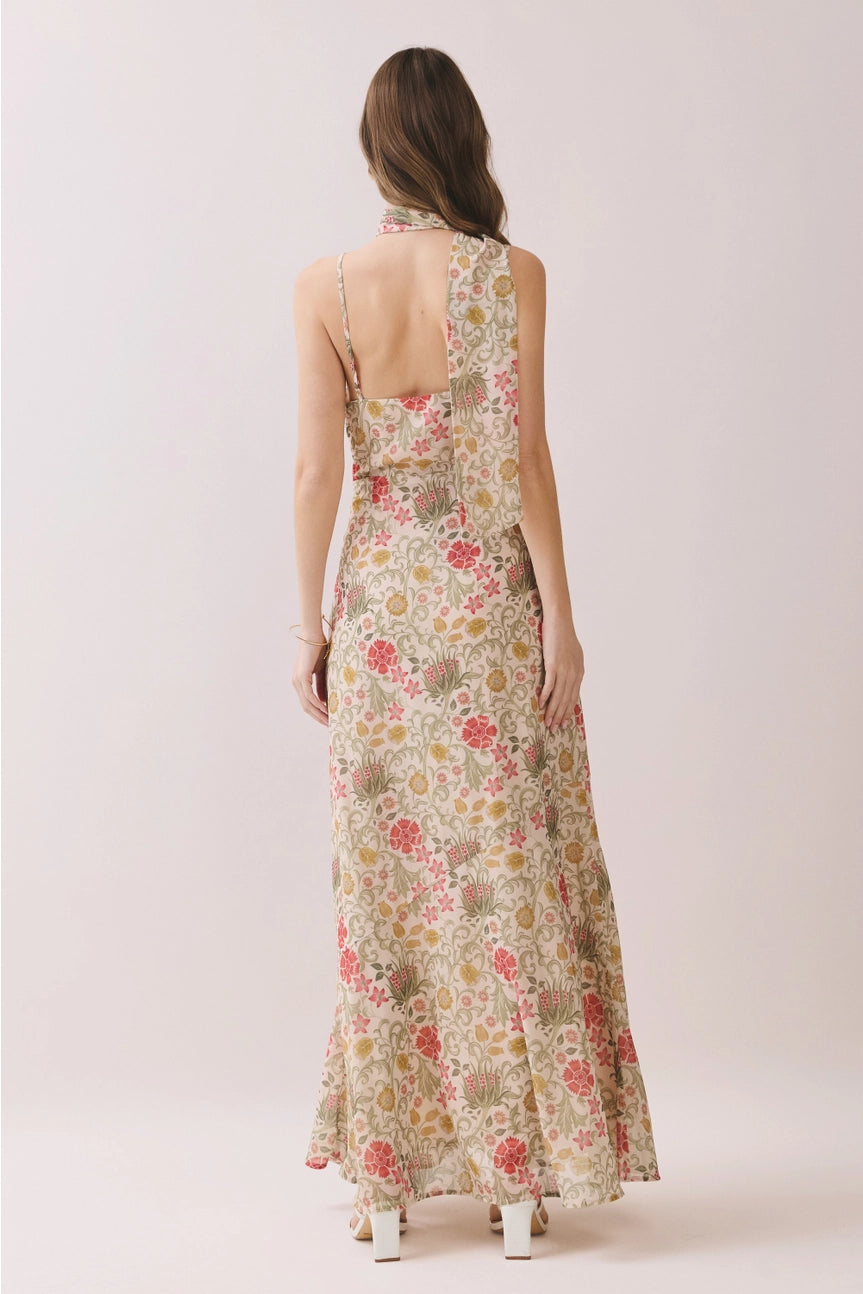 Floral Print Scarf Neck Cowl Maxi Dress