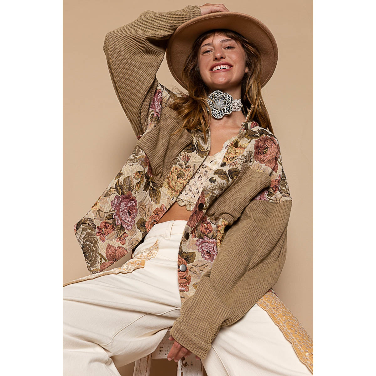Latte Mocha Contrast Sleeves Button Down Floral Print Shacket