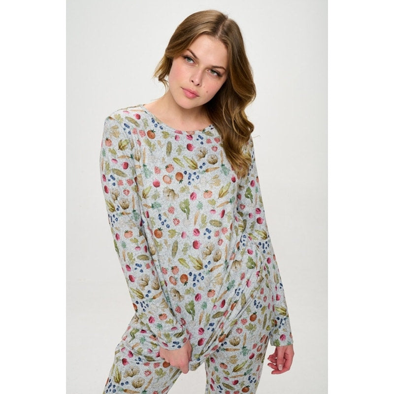 Top tipo jersey de cuello redondo y manga larga con estampado de verduras