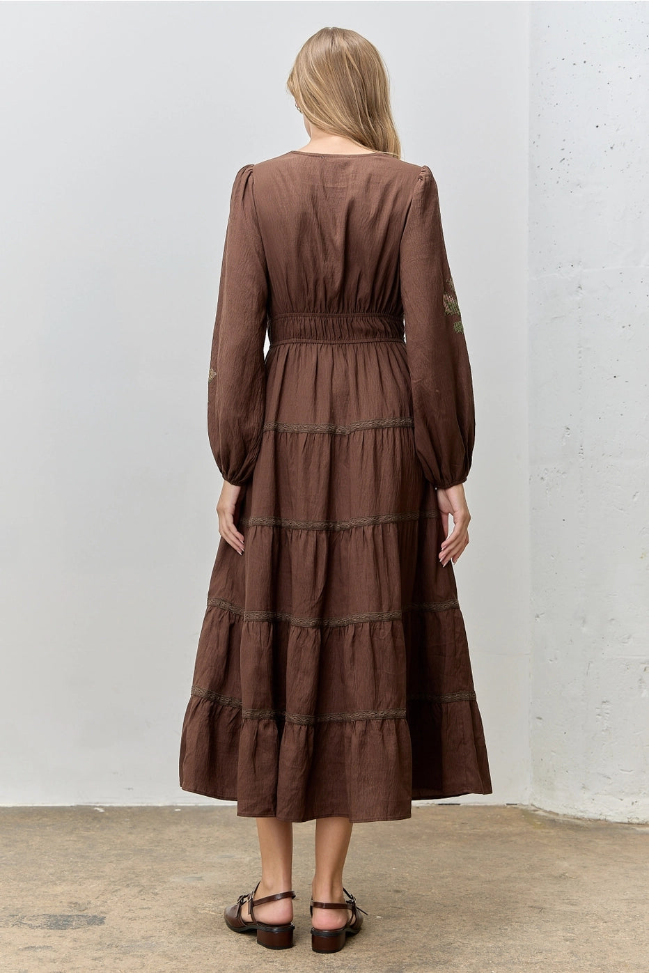 Embroidered Lace Trim Long Sleeve Midi Dress