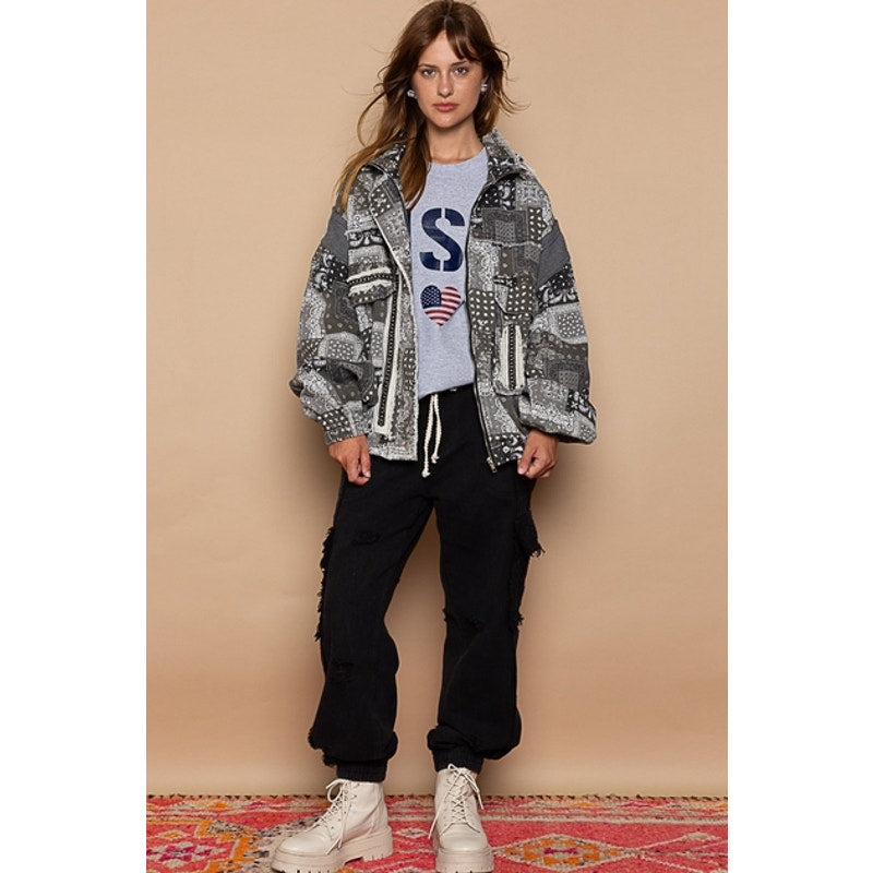 Black Multi Hooded High Neck Paisley Patchwork Bomber Jacket