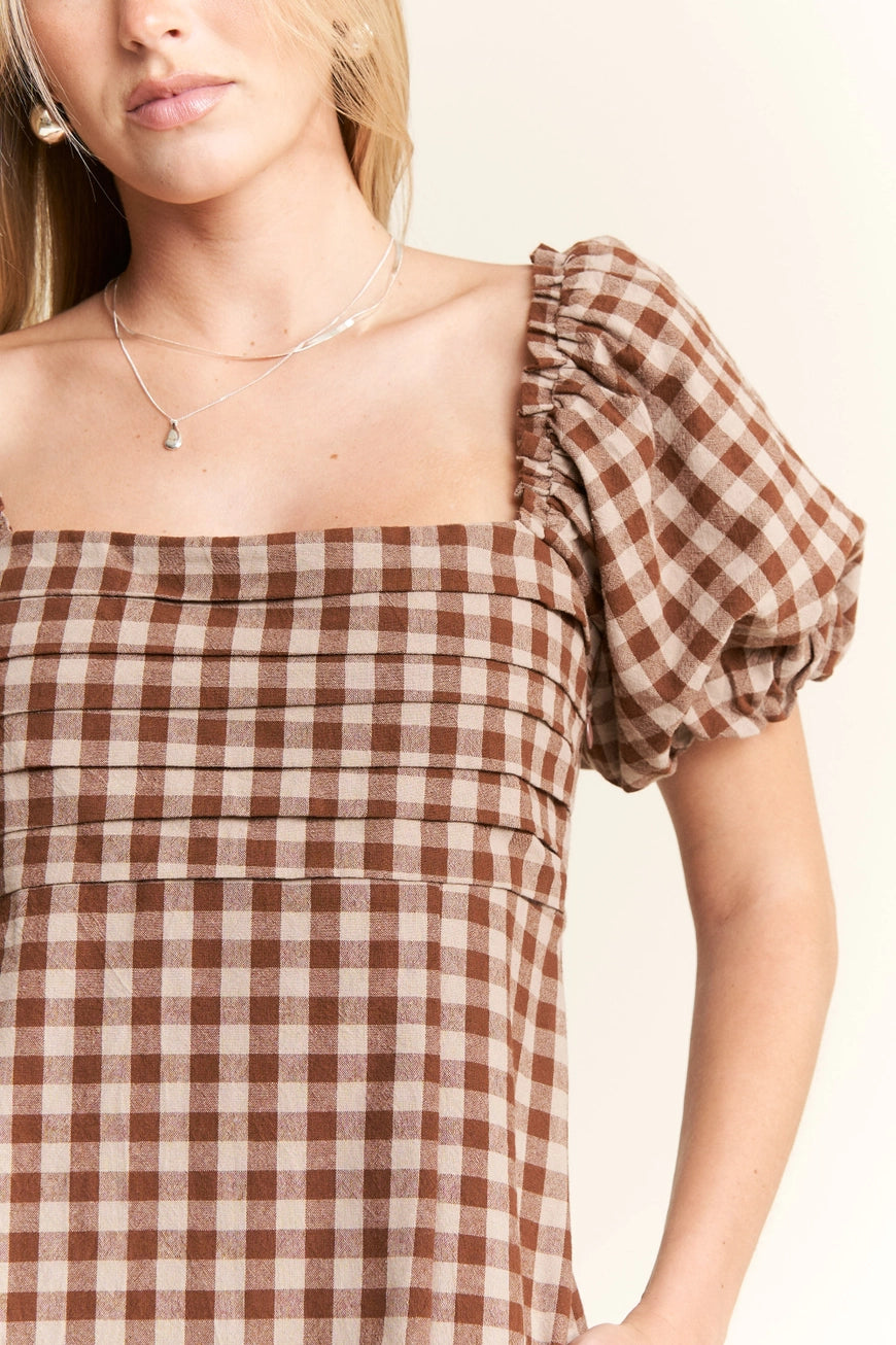 Gingham Print Puff Sleeve Dress