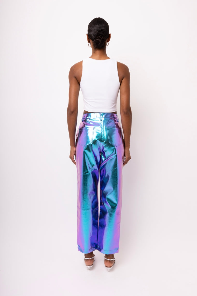 Amy Lynn Lupe Mid Rise Straight Faux Leather Metallic Trouser in Ombre