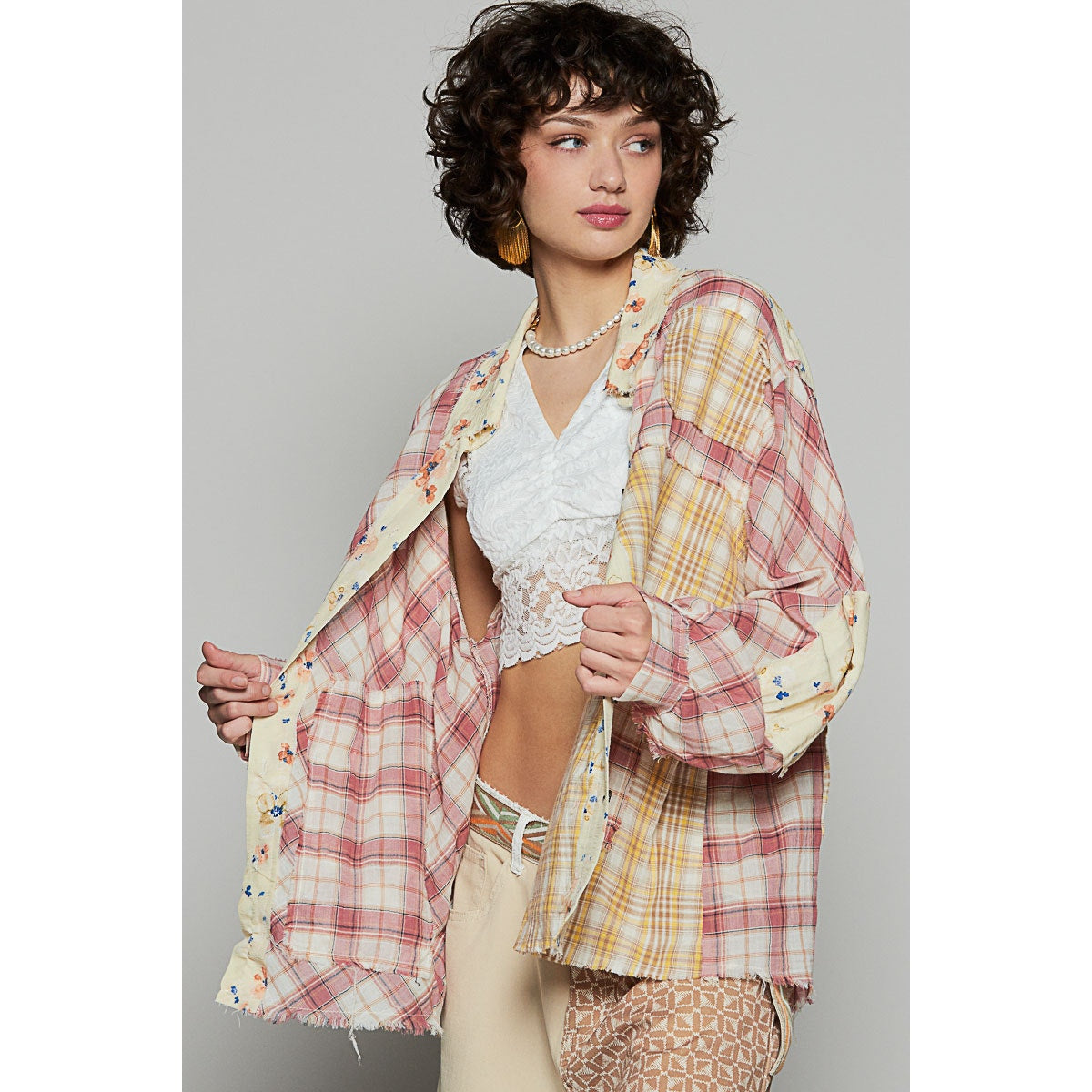 Mauve Full Sleeve Floral Pattern Woven Plaid Shirt