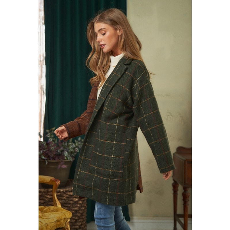Manteau long à carreaux bicolores marron et olive