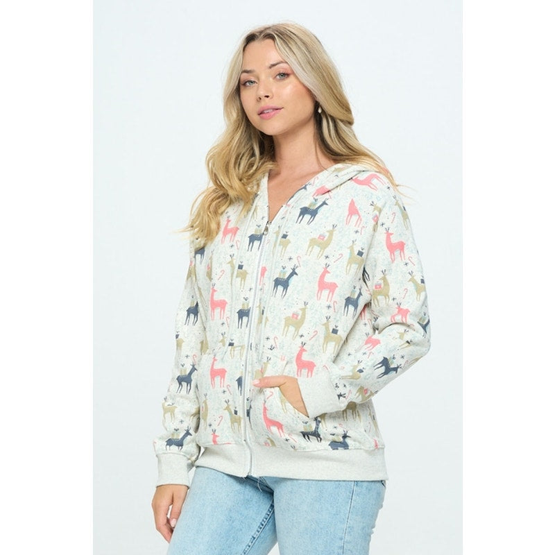 Colorful Reindeer Print Zip Up Hoodie