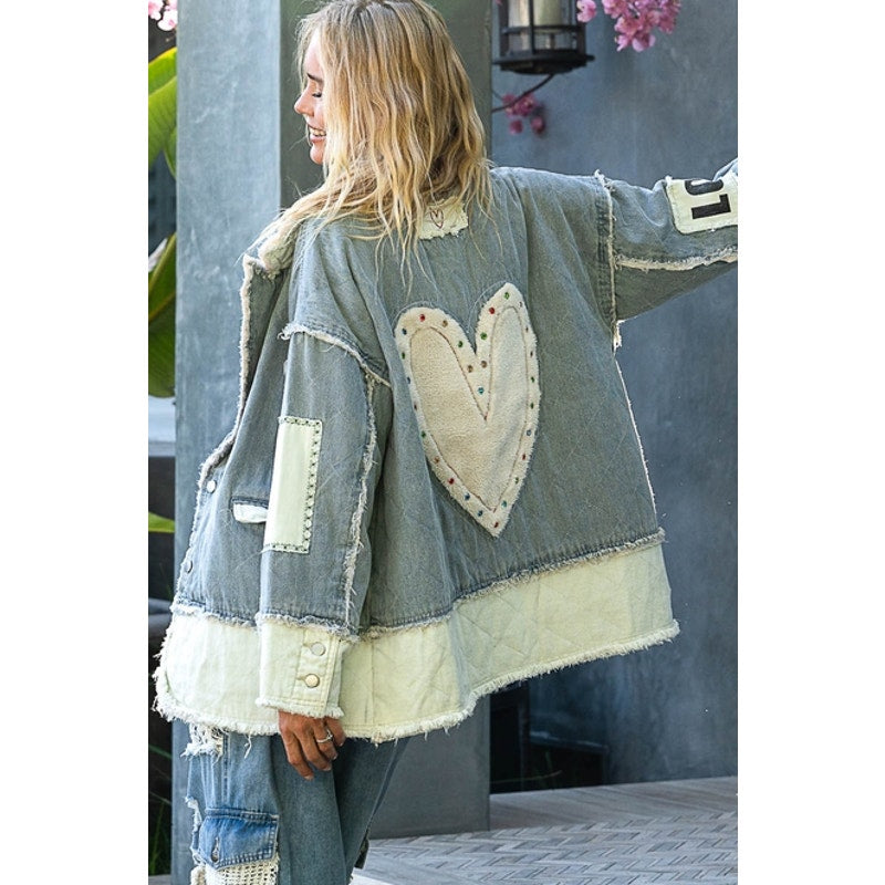 Colorblocked Twill Patch Studded Back Heart Jacket