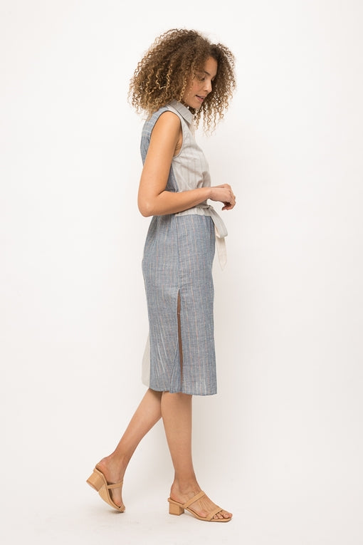 Mix Media Waist Tie Sleeveless Shirt Dress