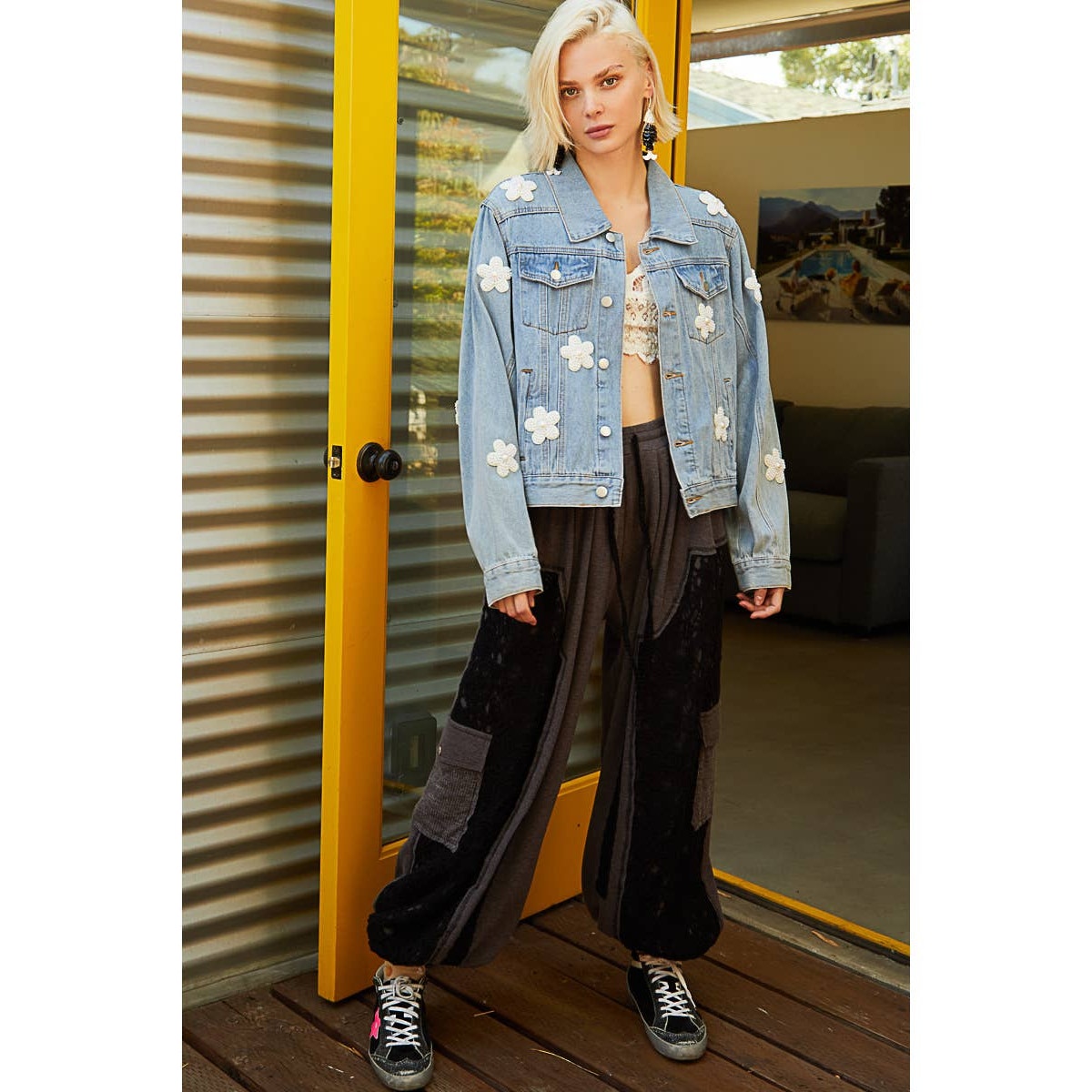 Pearl Flower Patch Denim Jacket
