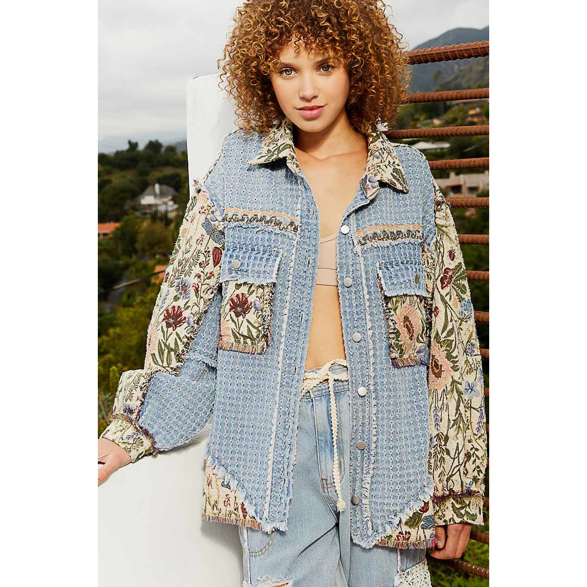 Denim Multi Oversized Jacquard Tapestry Button Down Floral Print Shacket