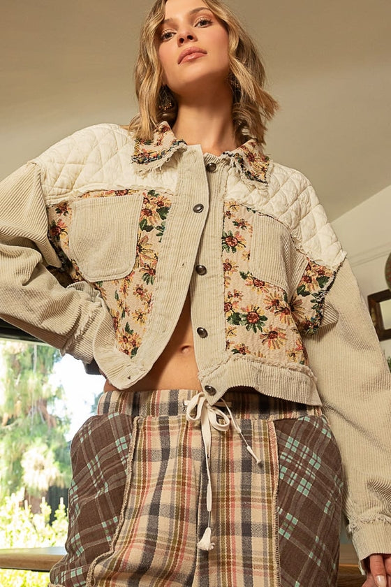 Chaqueta de pana con botones y jacquard con paneles acolchados en contraste