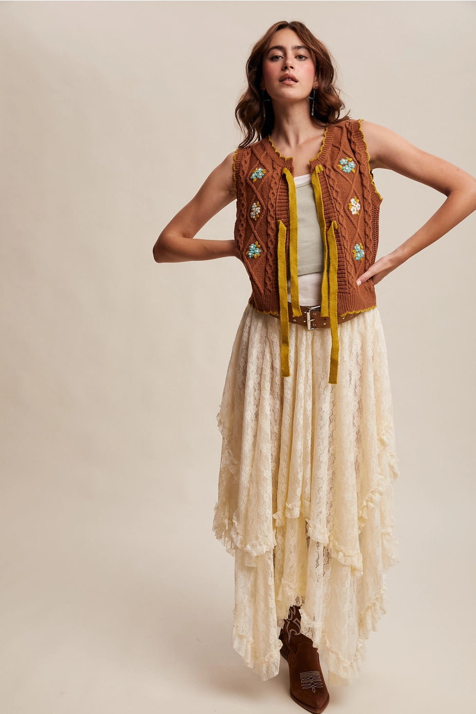 Pecan Bow-Tie Floral Knit Vest