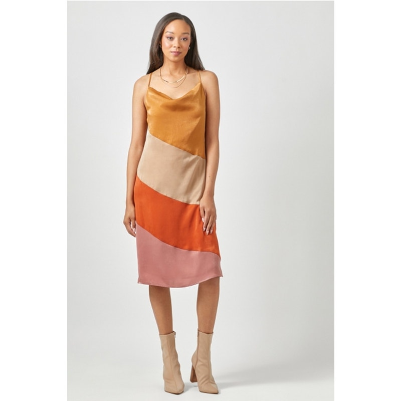 Mystree Size Small Caramel Mix Color Blocked Slip Dress