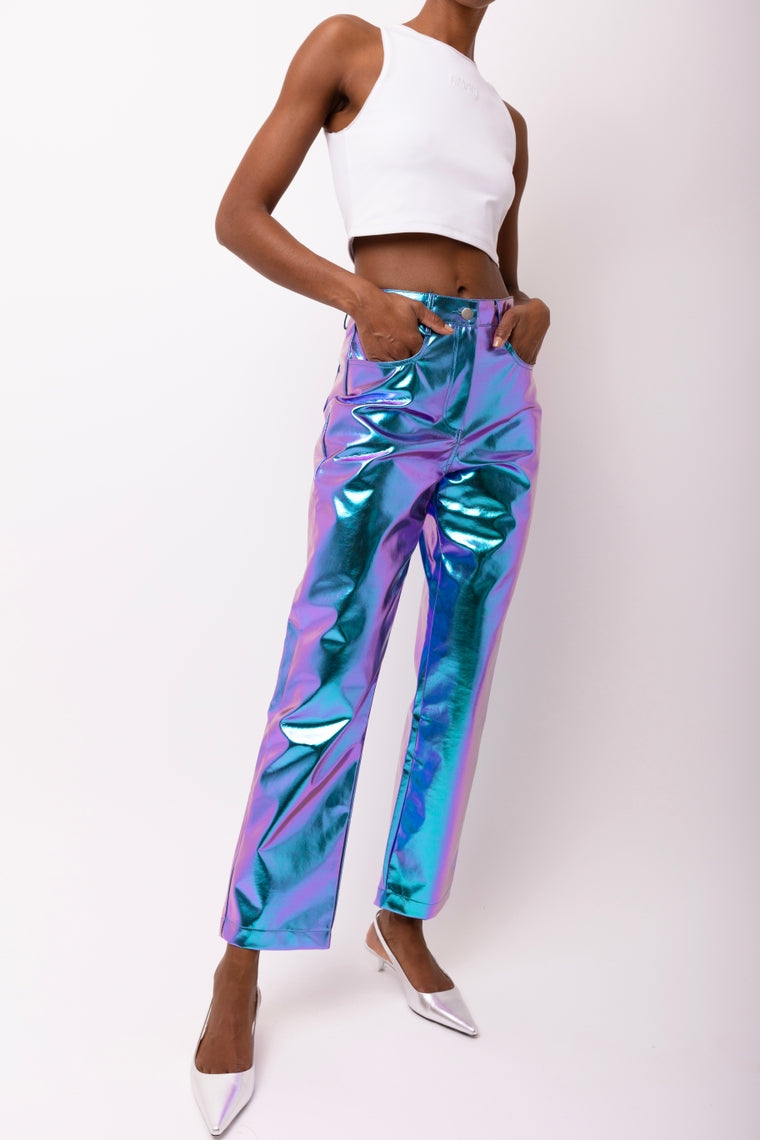 Amy Lynn Lupe Mid Rise Straight Faux Leather Metallic Trouser in Ombre