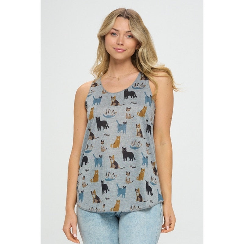 Camiseta sin mangas con estampado de gato maullando gris