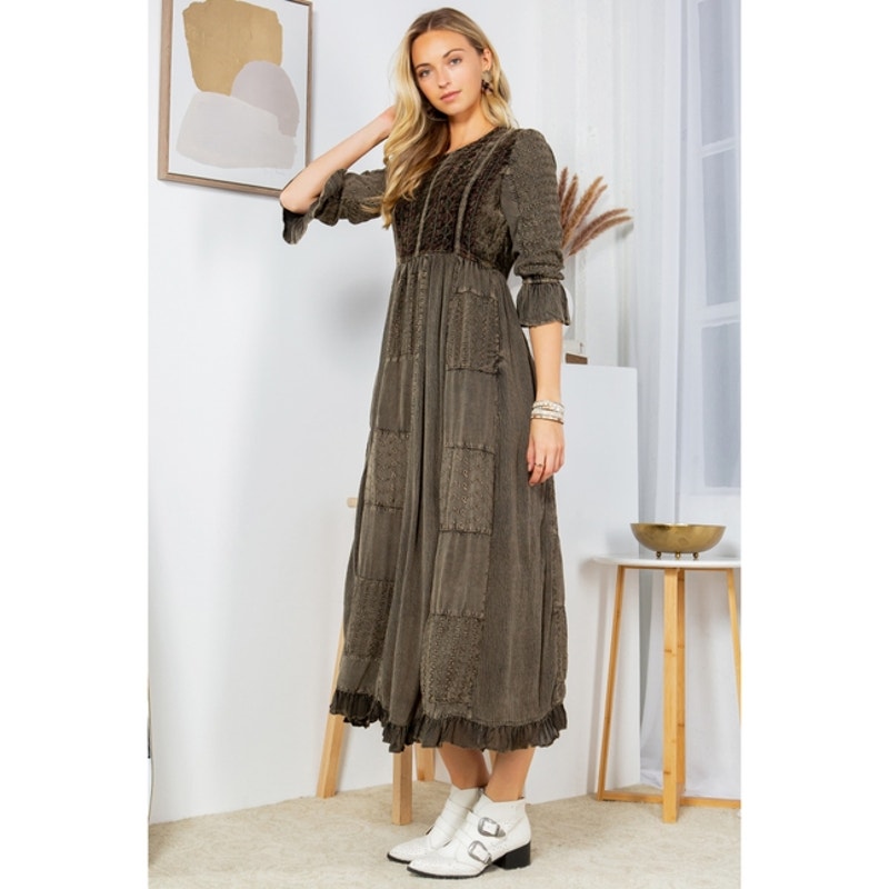 Melodic Enchantment: Stone-Washed Maxi Dress with Velvet