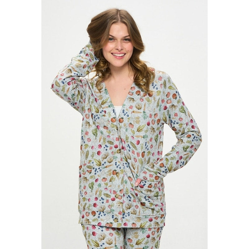 Cárdigan con cuello en V y botones con estampado vegetal