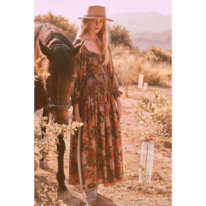 Sand Floral Smocked Three-Quarter Sleeve Maxi Dress M