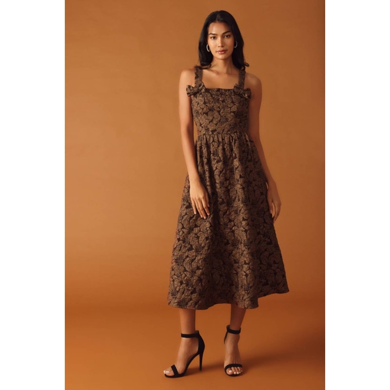 Textured Floral Bow Straps Brown Midi Dress