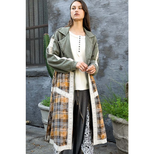 Olive Full Sleeve Lace Trim Detail Plaid Mix Open Jacket