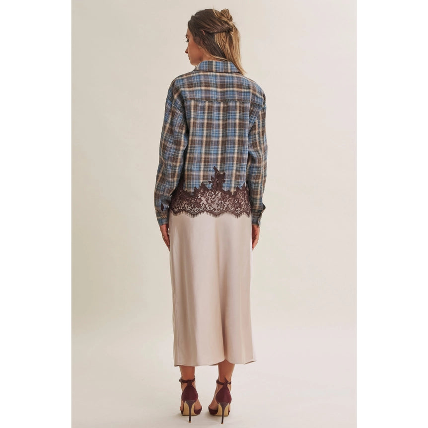 Western Romantic Plaid Eyelash Lace Hem Button-Down Shirt