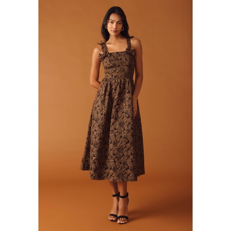 Textured Floral Bow Straps Brown Midi Dress