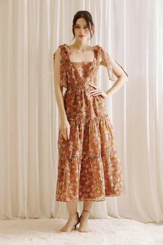 Caramel Rose Print Romantic Midi Dress