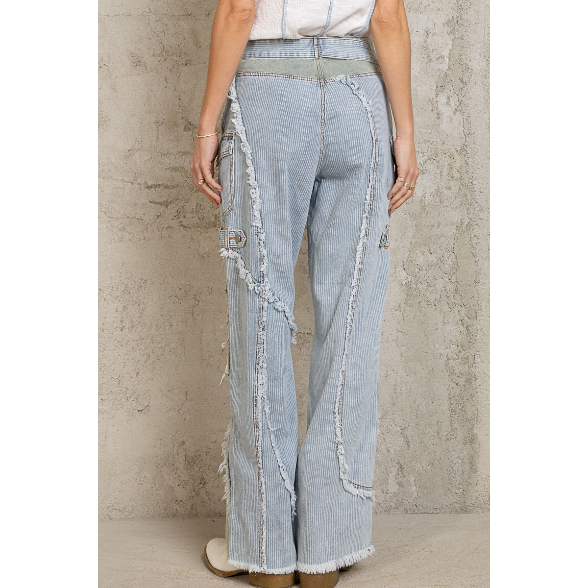 Striped Belted Frayed Seam Distressed Straight Denim High Waisted Jeans