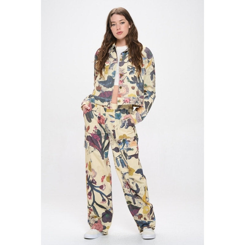 Botanical Print Button Down Denim Jacket