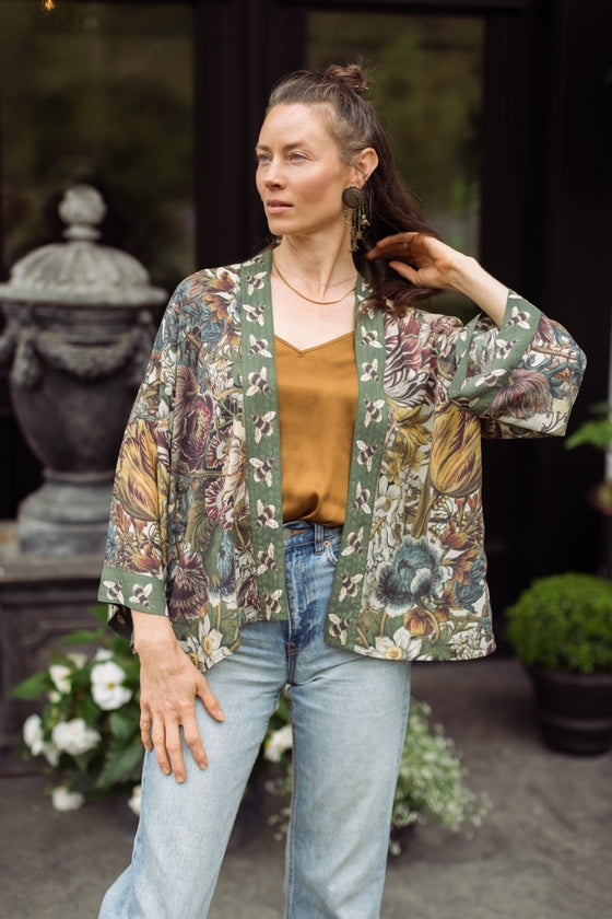 Love Grows Wild Floral Bamboo Cropped Kimono with Bees One Size