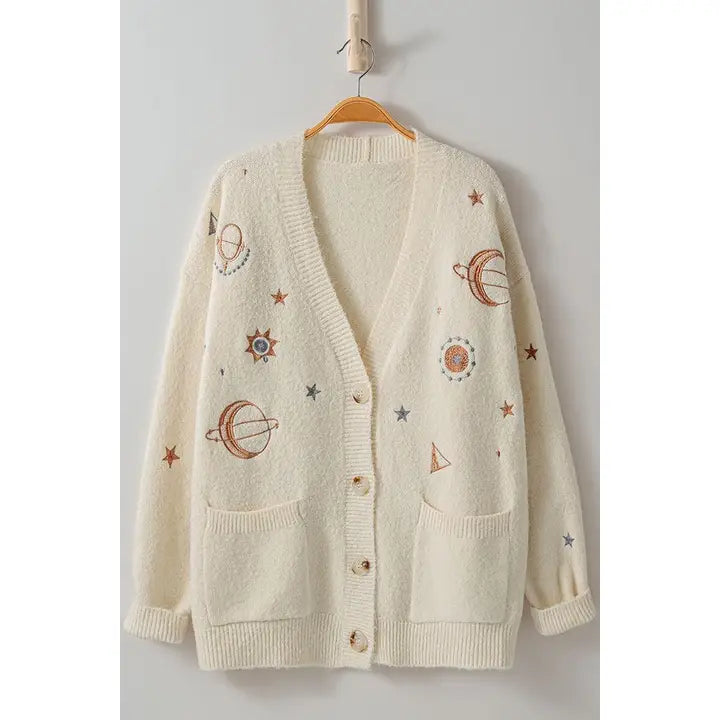 Ivory Celestial Embroidered Ribbed Knit Long Sleeve Cardigan