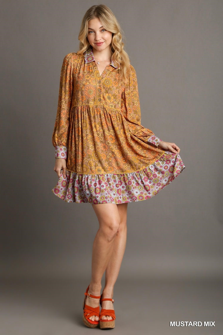 Mix Match Floral Print Collared Neck Dress with Ruffle