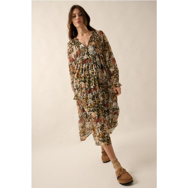 Black Floral V-Neck Chiffon Midi Dress